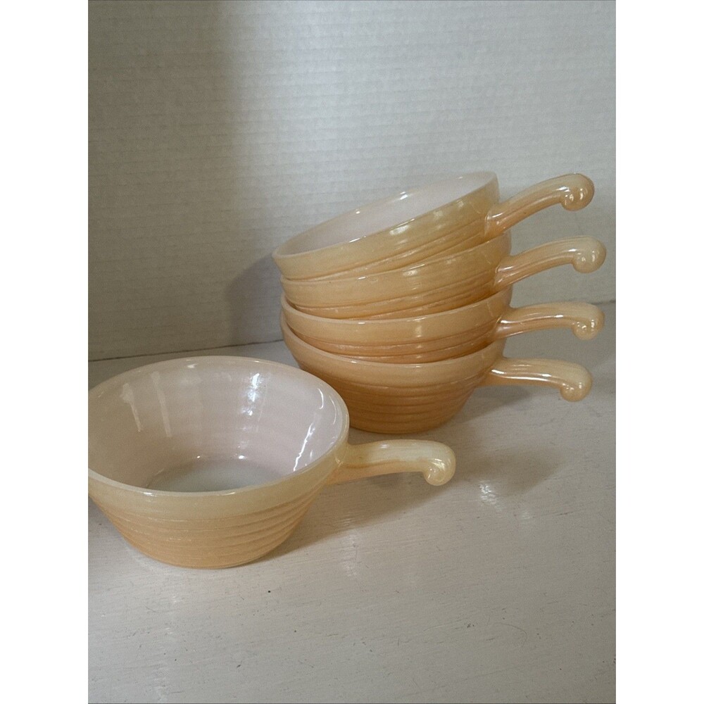 5 Vintage Fire King Lusterware Behive Ribbed Handled Soup Chili Bowls